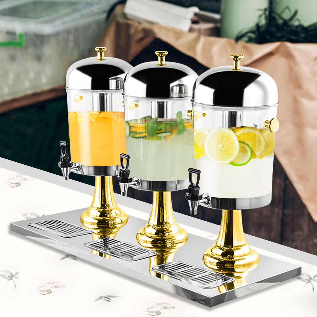 SOGA Triple Head 24L Stainless Steel Dispenser Beverage Transparent Commercial Drink Container Jug with Gold Accents
