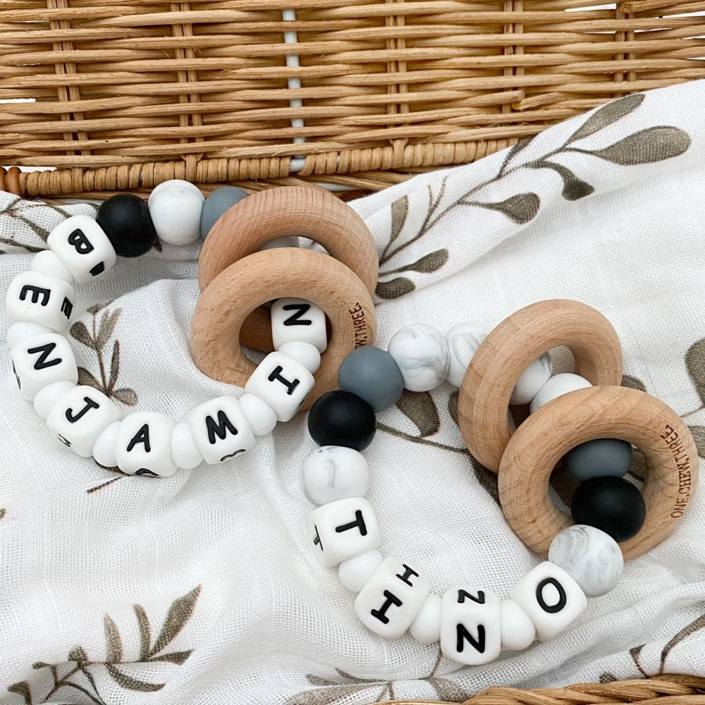 Personalised Silicone Beads On Wooden Rings Teether Rattle