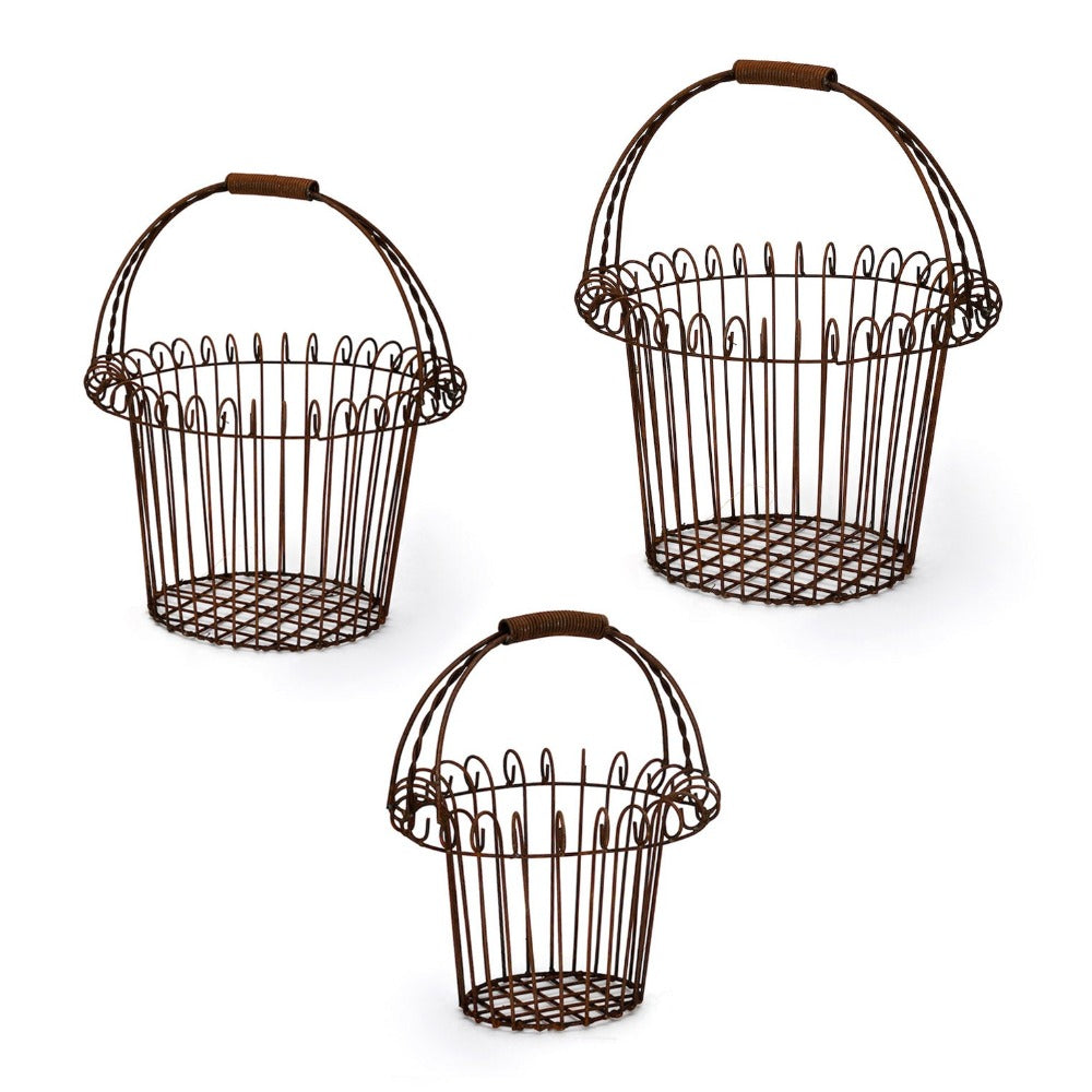 Set of 3 Wire Mesh Round Basket Outdoor Plant Pots