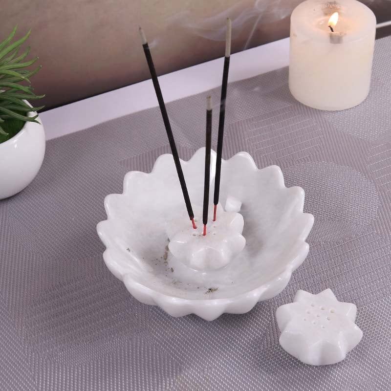 Handmade Marble Lotus Incense Bowl With 2 Holders (Available in 4 Colors)