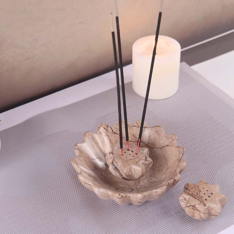 Handmade Marble Lotus Incense Bowl With 2 Holders (Available in 4 Colors)