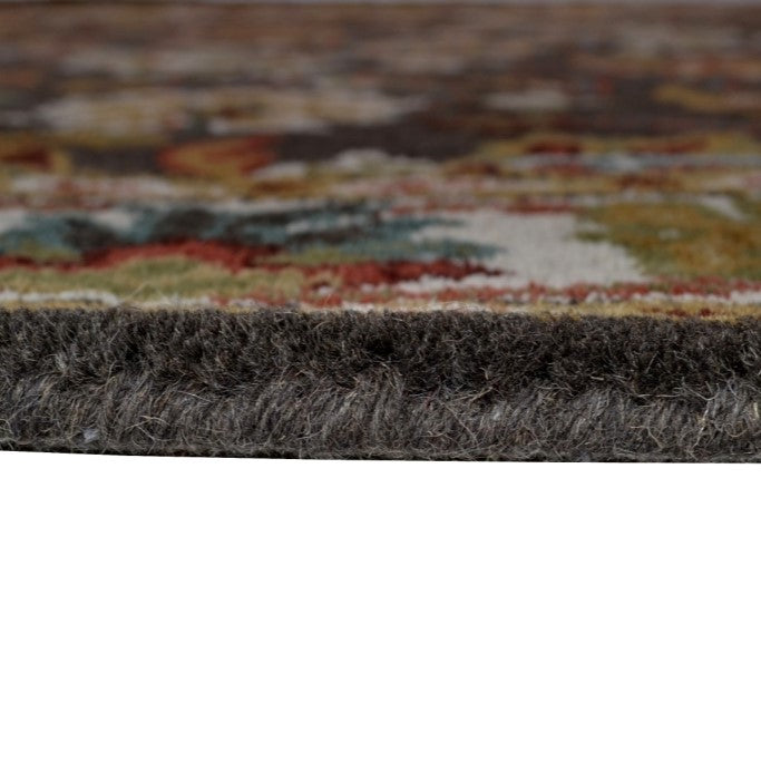 Handmade Grey & Cream Floral Leaves Wool Rug - Round