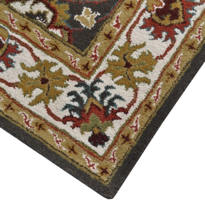 Handmade Grey & Cream Floral Leaves Wool Rug - Floor Runner