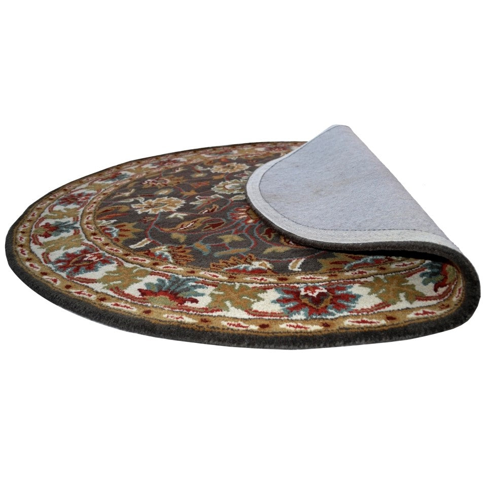 Handmade Grey & Cream Floral Leaves Wool Rug - Round