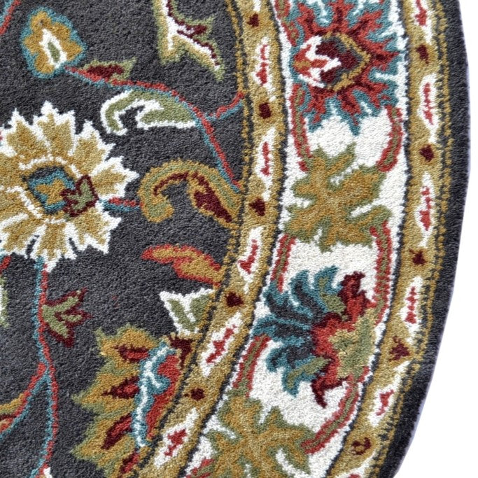 Handmade Grey & Cream Floral Leaves Wool Rug - Round