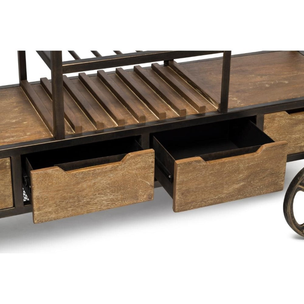 Multi-Level Industrial Wooden Bar Cart with Wine Rack