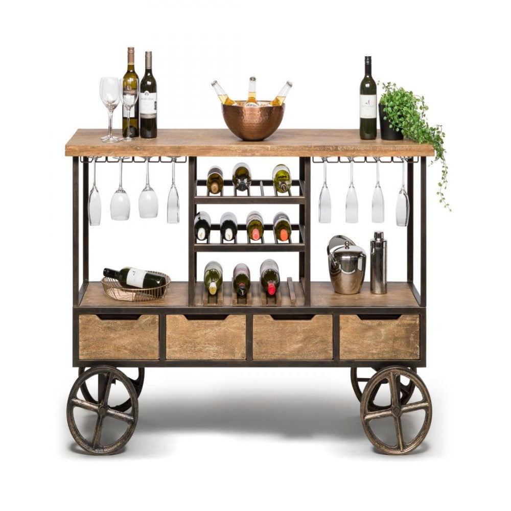 Multi-Level Industrial Wooden Bar Cart with Wine Rack