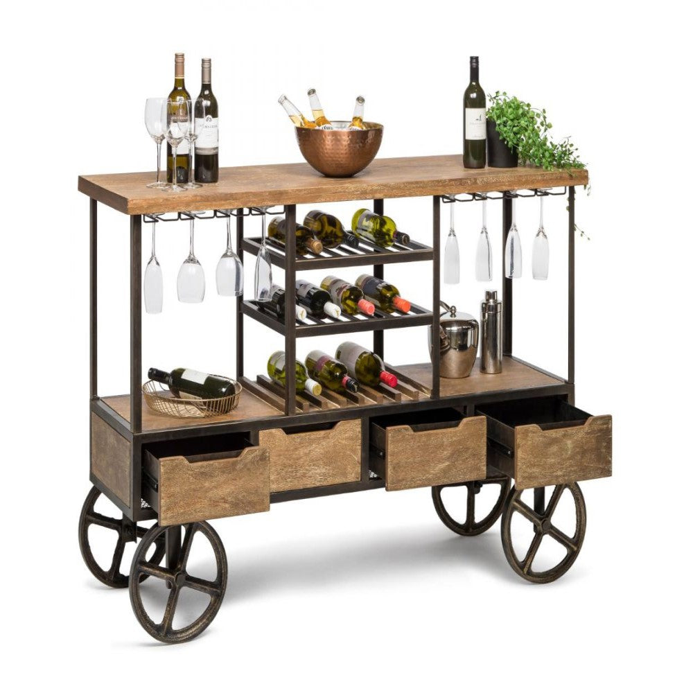 Multi-Level Industrial Wooden Bar Cart with Wine Rack