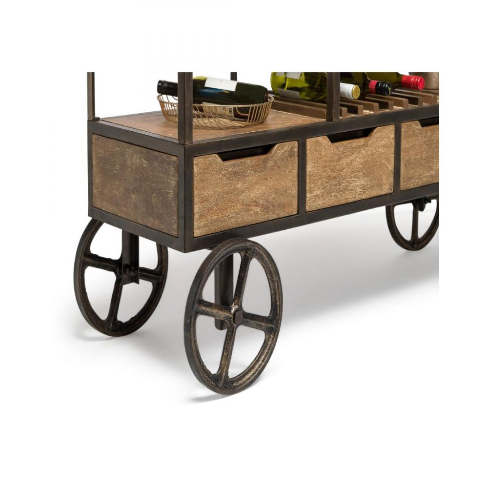 Multi-Level Industrial Wooden Bar Cart with Wine Rack