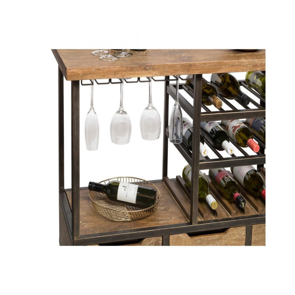 Multi-Level Industrial Wooden Bar Cart with Wine Rack