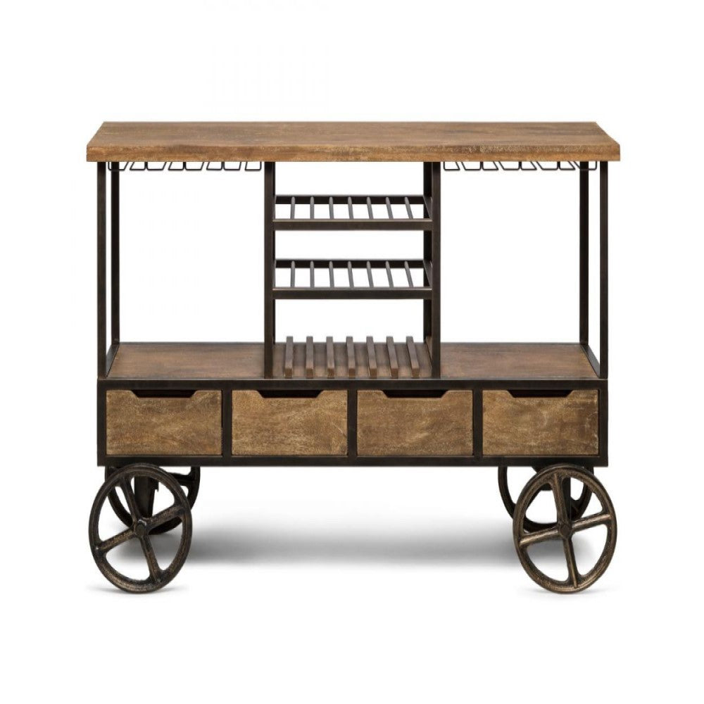 Multi-Level Industrial Wooden Bar Cart with Wine Rack