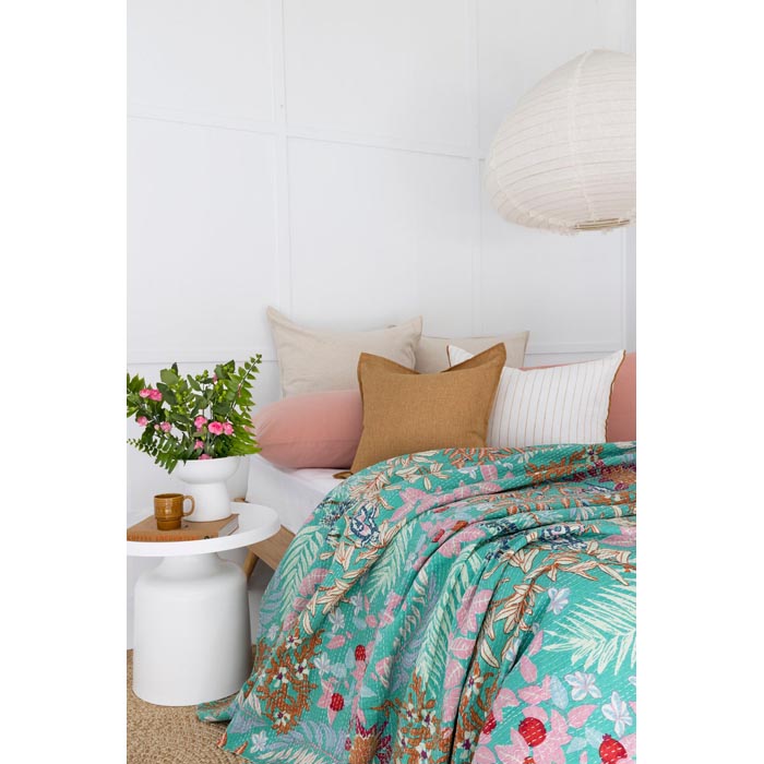 Tropical Leaves Inspired Hand Stitched Cotton Doona - Blue