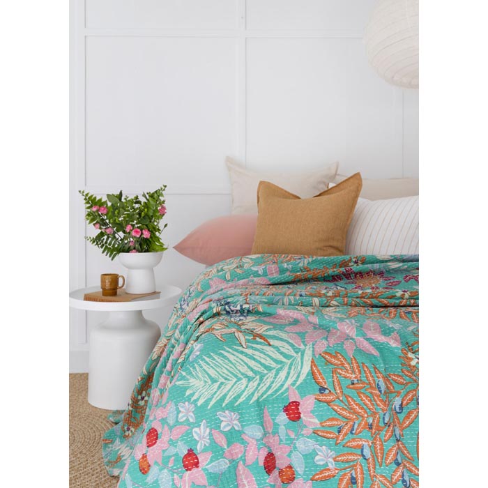 Tropical Leaves Inspired Hand Stitched Cotton Doona - Blue