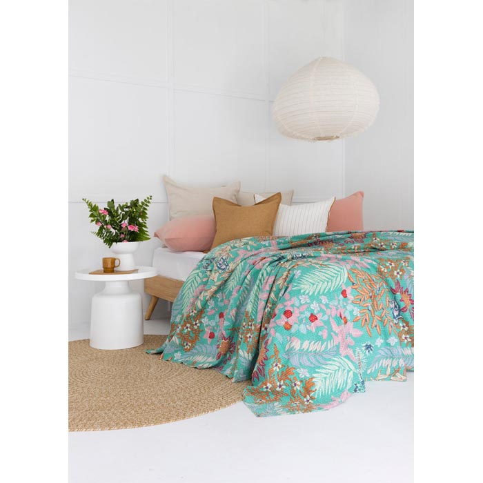 Tropical Leaves Inspired Hand Stitched Cotton Doona - Blue