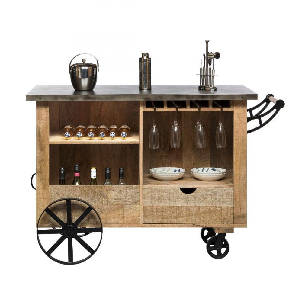 Rustic Industrial Bar Cart on Wheels - Large
