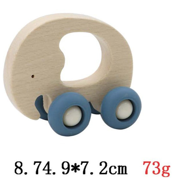 Wooden Animals Pull Toy With Silicone Wheels - Elephant