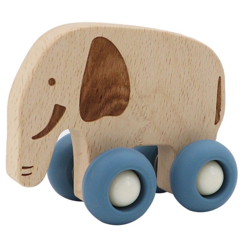 Wooden Animal Pull Toy With Silicone Wheels - Elephant