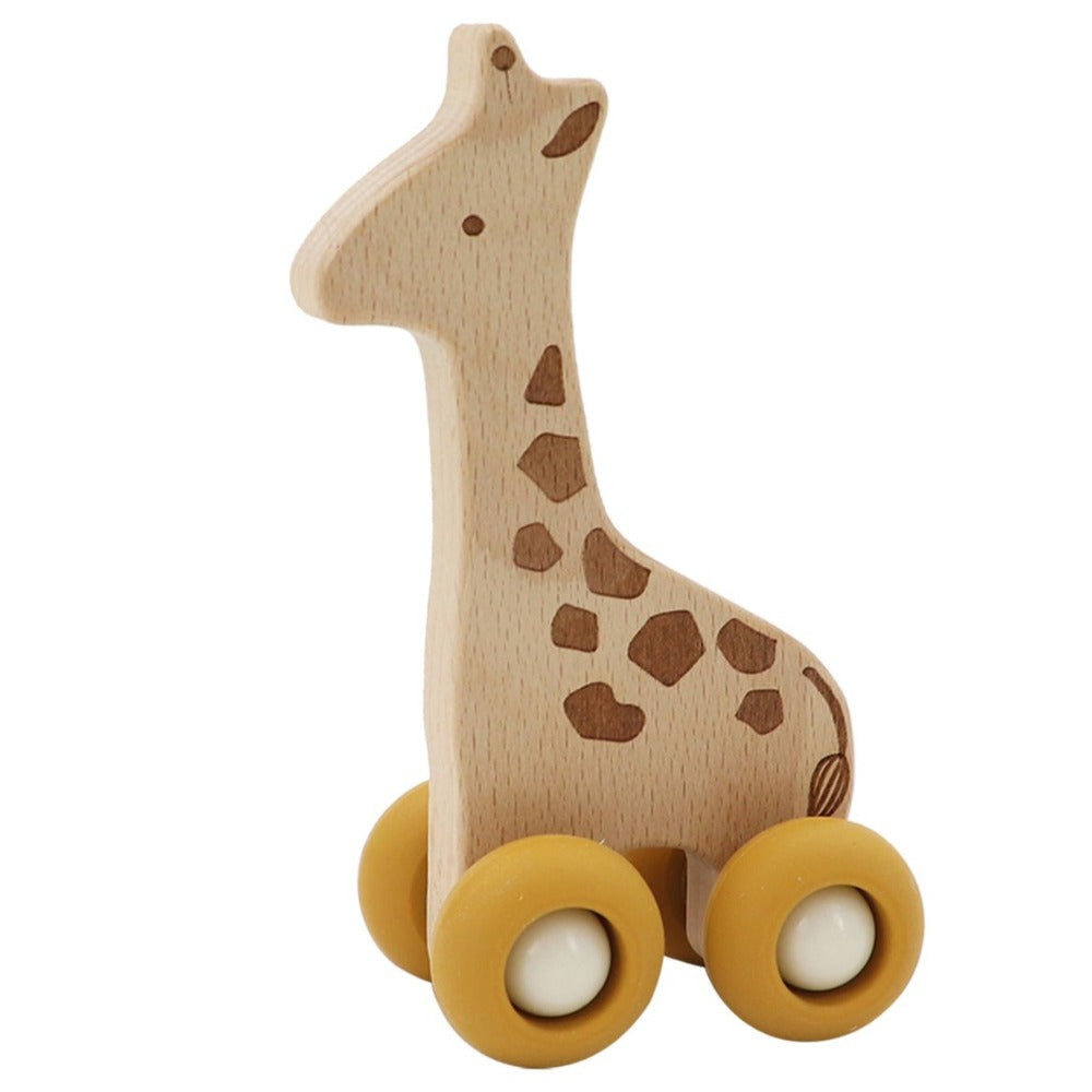 Wooden Animal Pull Toy With Silicone Wheels - Giraffe
