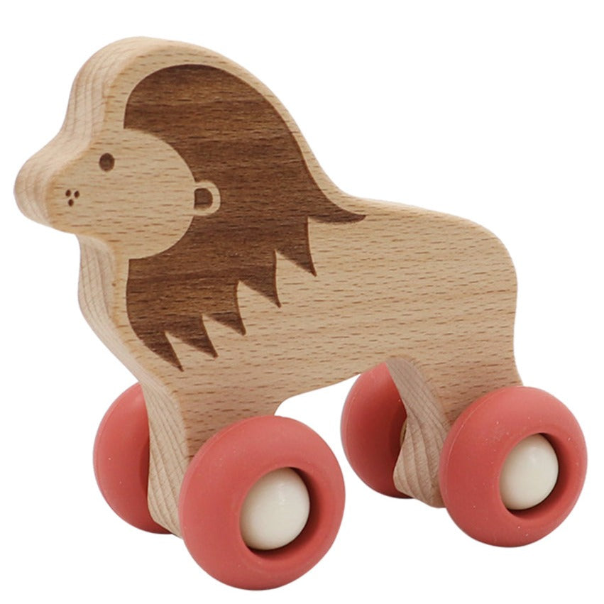 Wooden Animal Pull Toy With Silicone Wheels - Lion