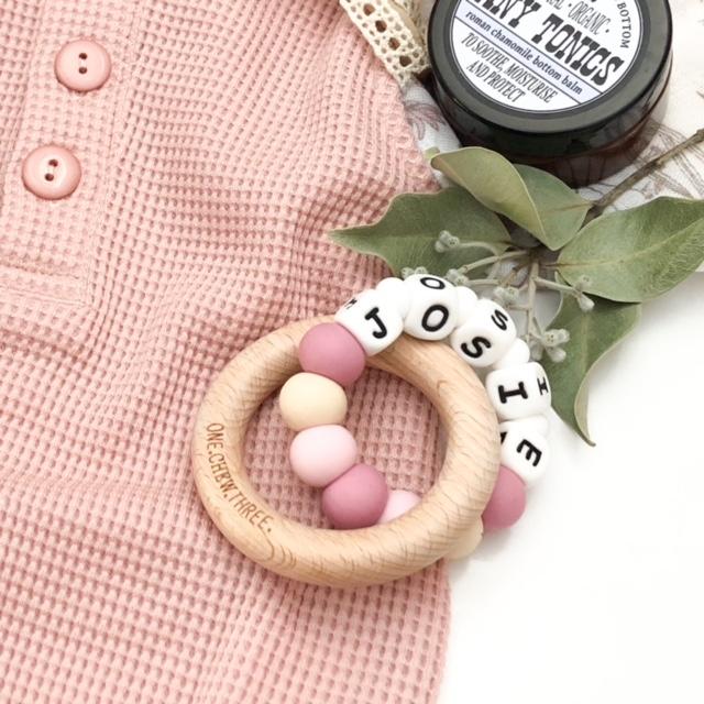 Personalised Wooden Ring Teether W/ Silicone Beads - DUO