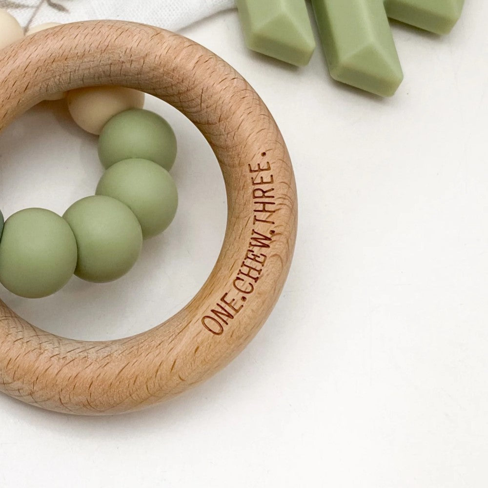 Personalised Wooden Ring Teether W/ Silicone Beads - DUO