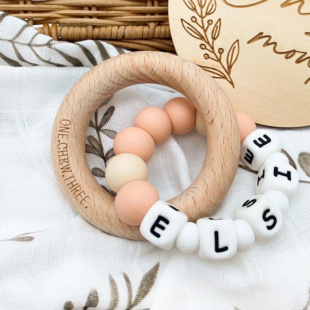 Personalised Wooden Ring Teether W/ Silicone Beads - DUO