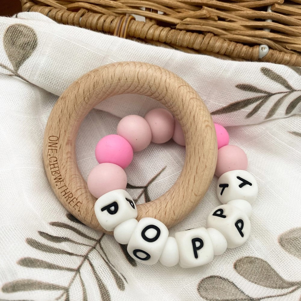 Personalised Wooden Ring Teether W/ Silicone Beads - DUO