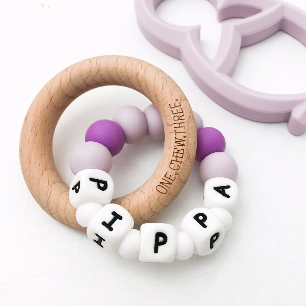 Personalised Wooden Ring Teether W/ Silicone Beads - DUO
