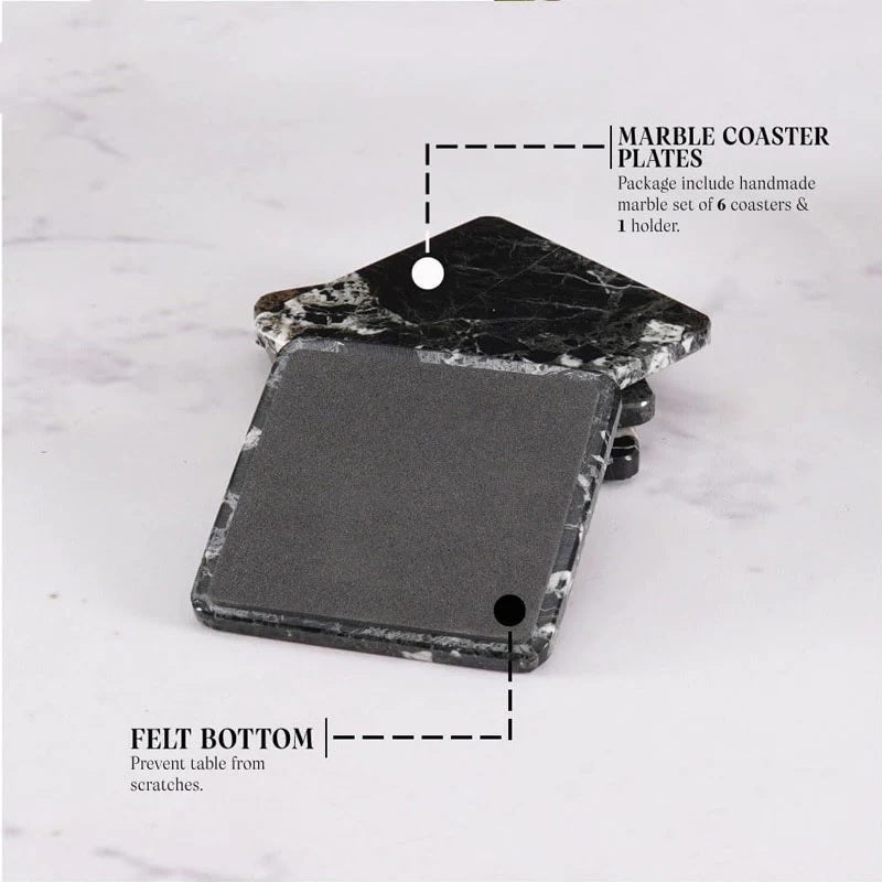 Set of 6 Square Marble Coasters With Holder (Available in 4 Colors)