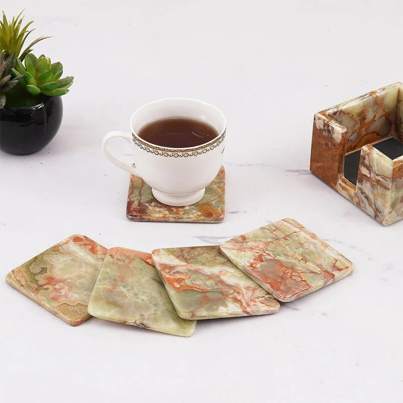 Set of 6 Square Marble Coasters With Holder (Available in 4 Colors)
