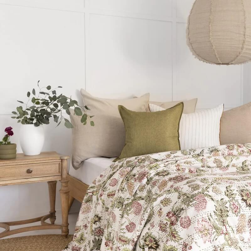 Floral Print Design Hand Made Cotton Doona King Size - Cream