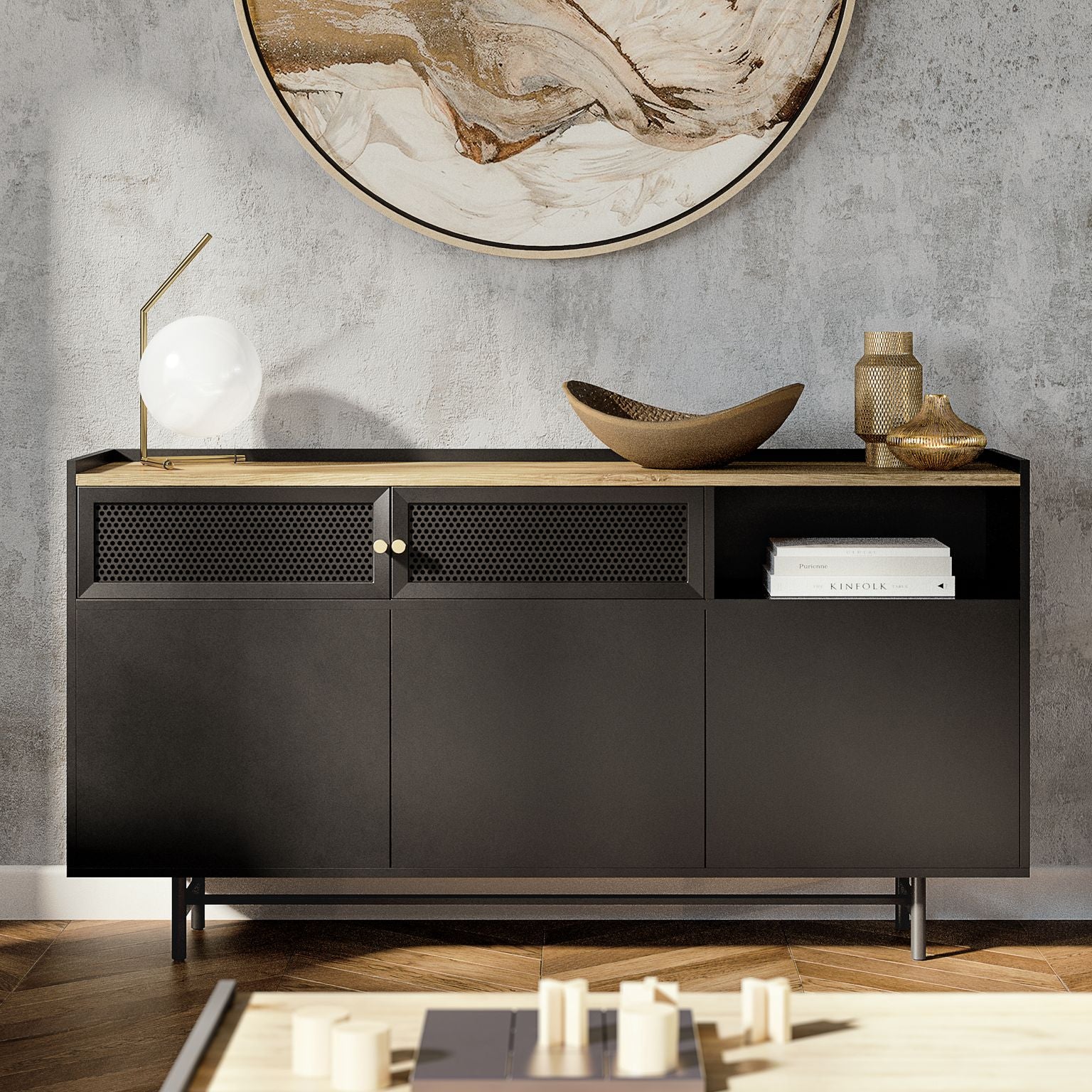 Black and Natural Engineered Wood Urban Style Sideboard