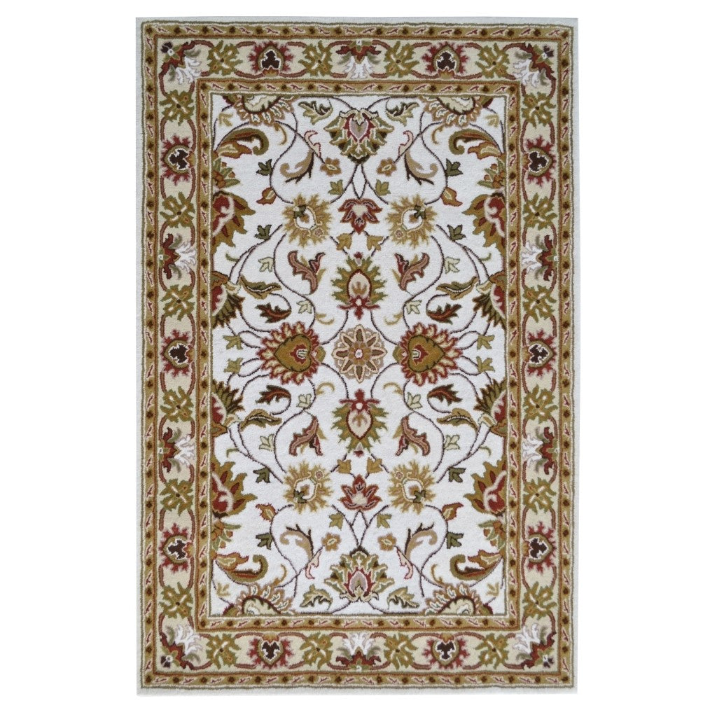Handmade Ivory & Cream Floral Leaves Wool Rug (Available in 4 Sizes)