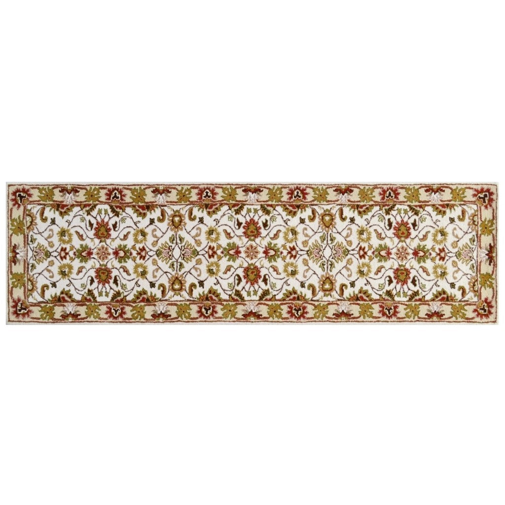 Handmade Ivory & Cream Floral Leaves Wool Rug - Floor Runner
