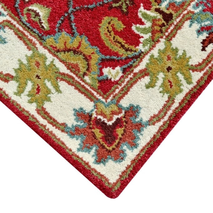 Handmade Red & Cream Floral Leaves Wool Rug - Floor Runner