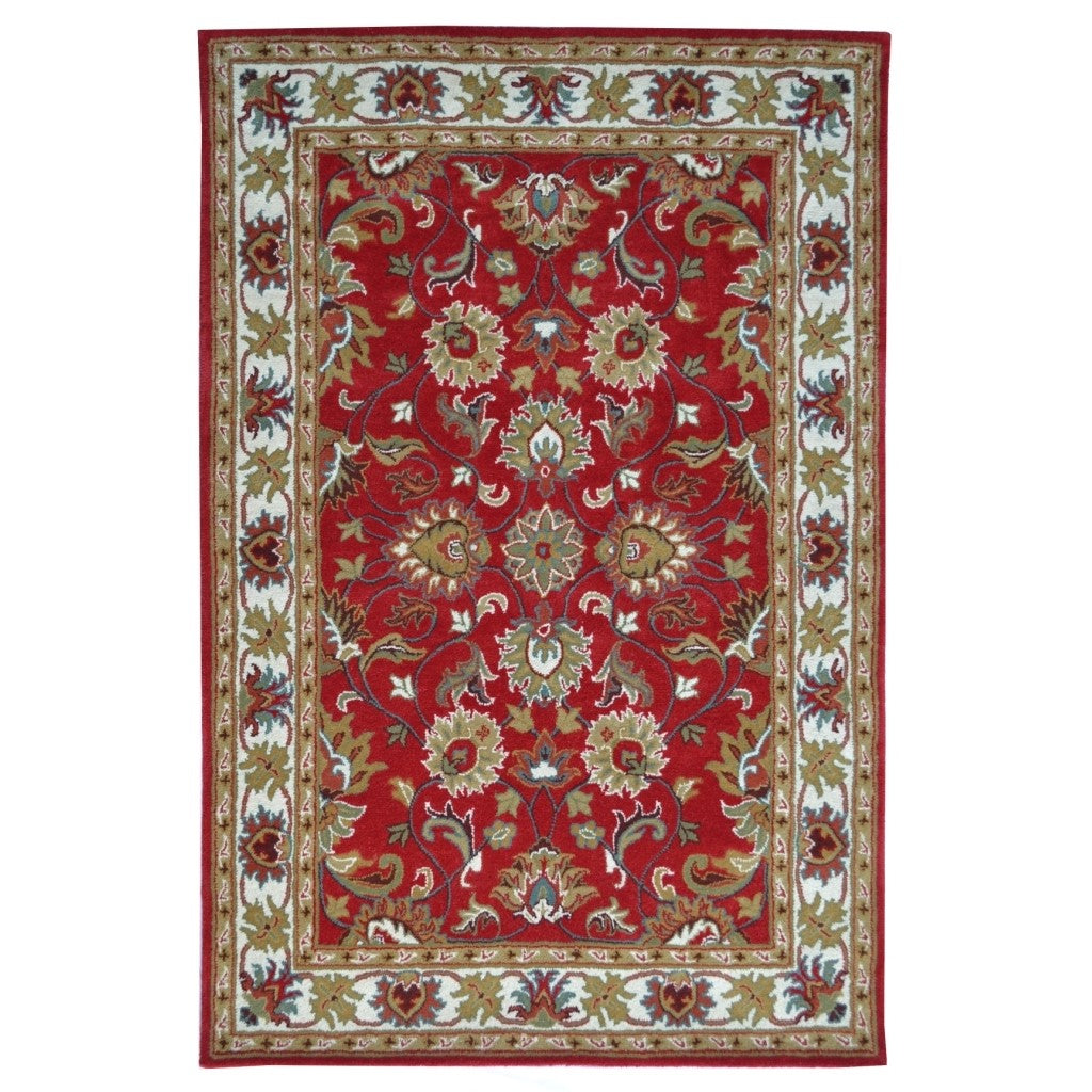 Handmade Red & Cream Floral Leaves Wool Rug (Available in 4 Sizes)