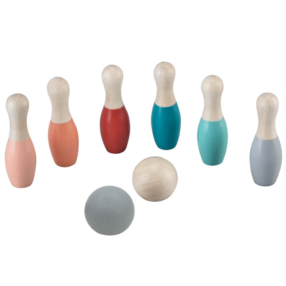 Kids Wooden Bowling Set Coloured Bottom