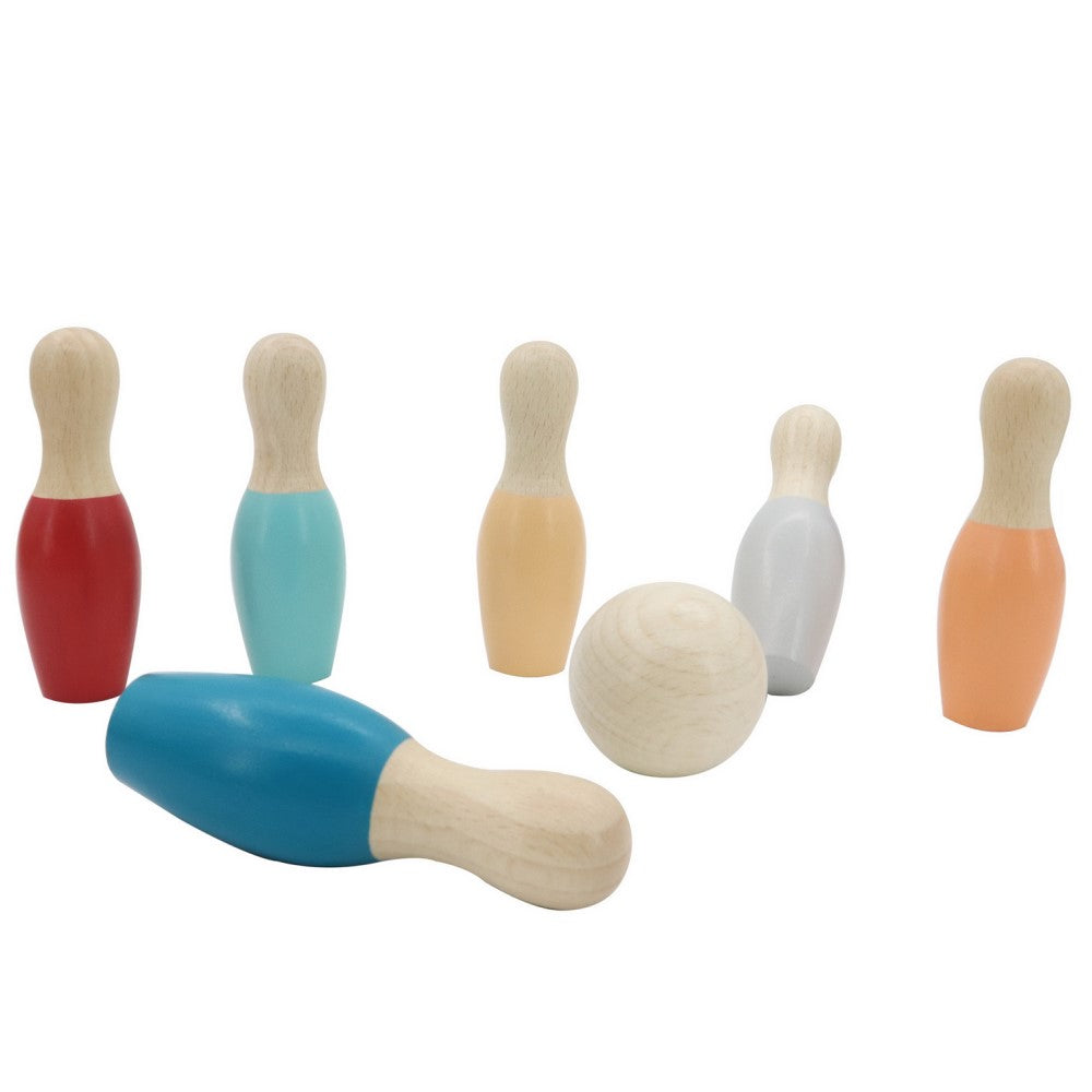 Kids Wooden Bowling Set Coloured Bottom