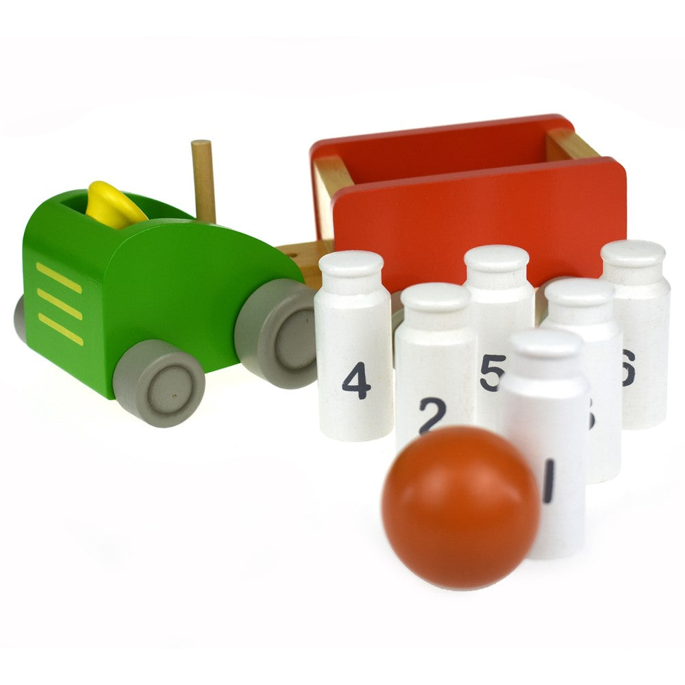 Toddlers Wooden Milk Bottle Bowling Set in Tractor N Pull Toy
