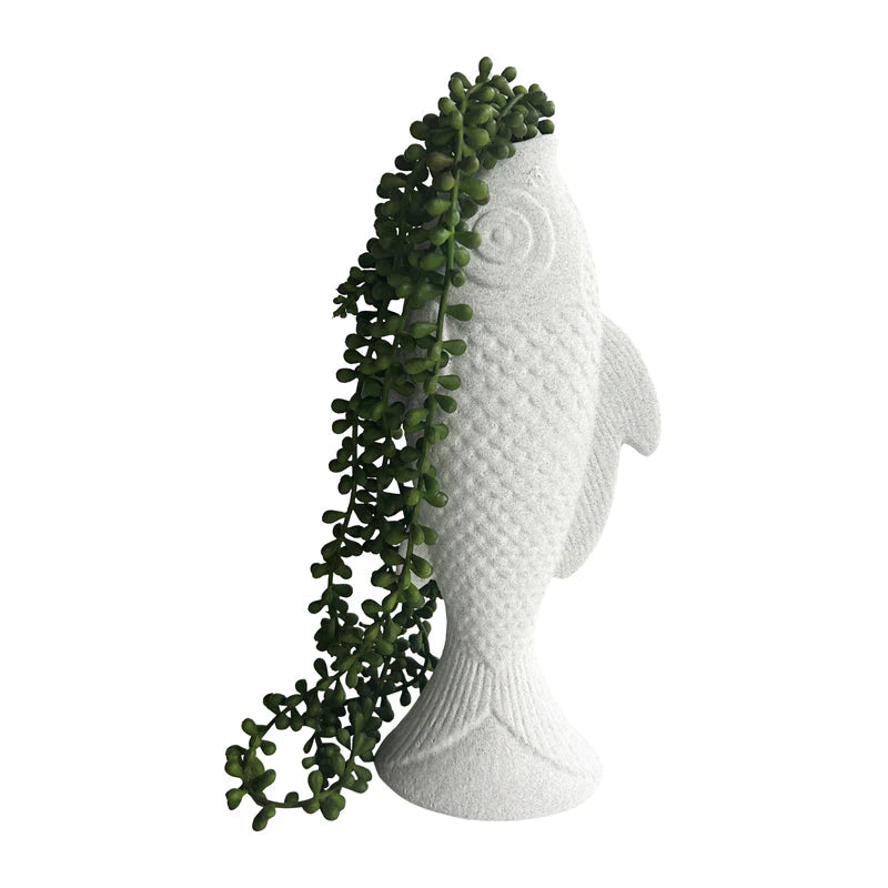 Contemporary White Fish Vase Sculptural Decor - 30cms