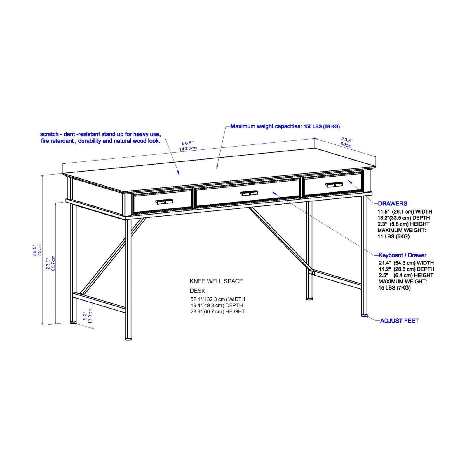3-Drawer 1.4m Writing Desk in Washed Grey