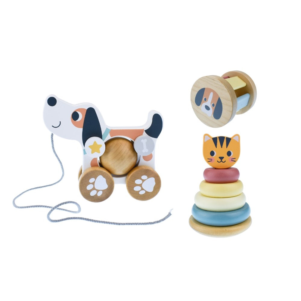 3-in-1 Baby Snuggle & Rattle Set - Cat & Puppy