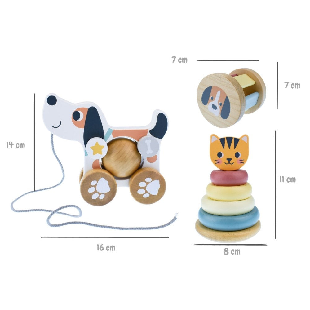 3-in-1 Baby Snuggle & Rattle Set - Cat & Puppy