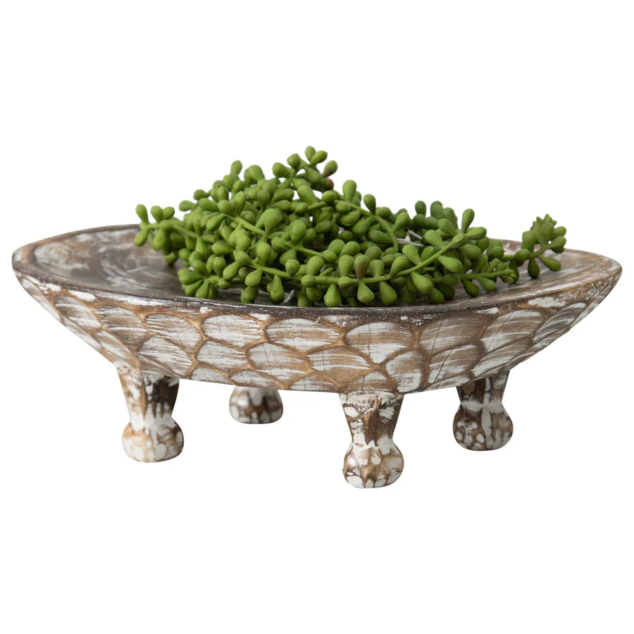 Handcarved Mango Wood Footed Oval Bowl - 40x25x10cms