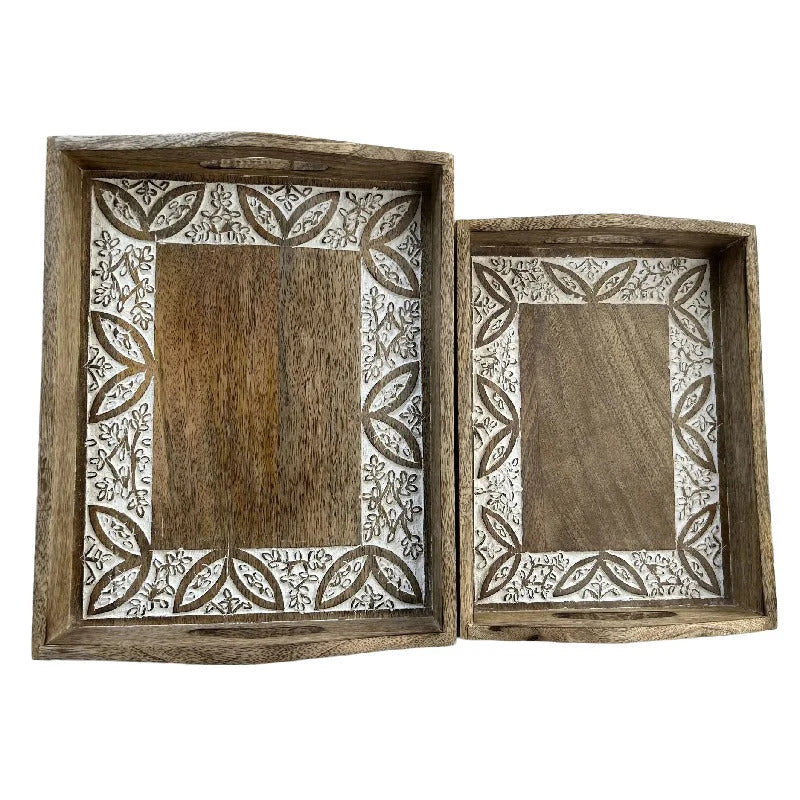 Set of 2 Nested Handcrafted Mango Wood Carved Large Leaf Tray
