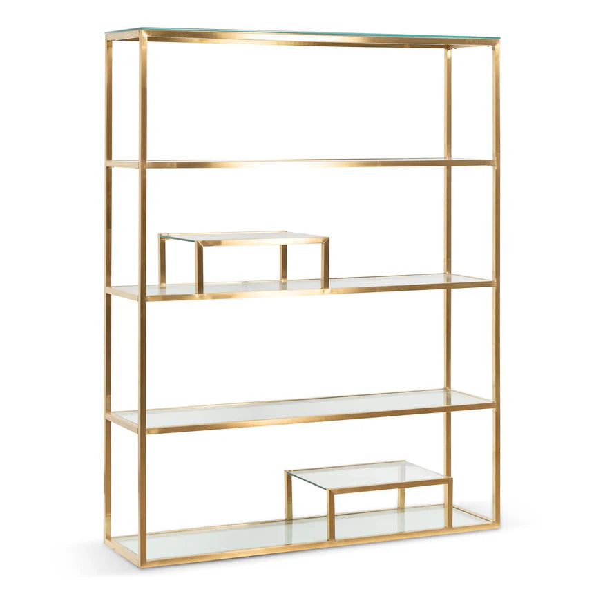 Aesthetic Glass Shelving Unit 140cms - Brushed Gold Frame
