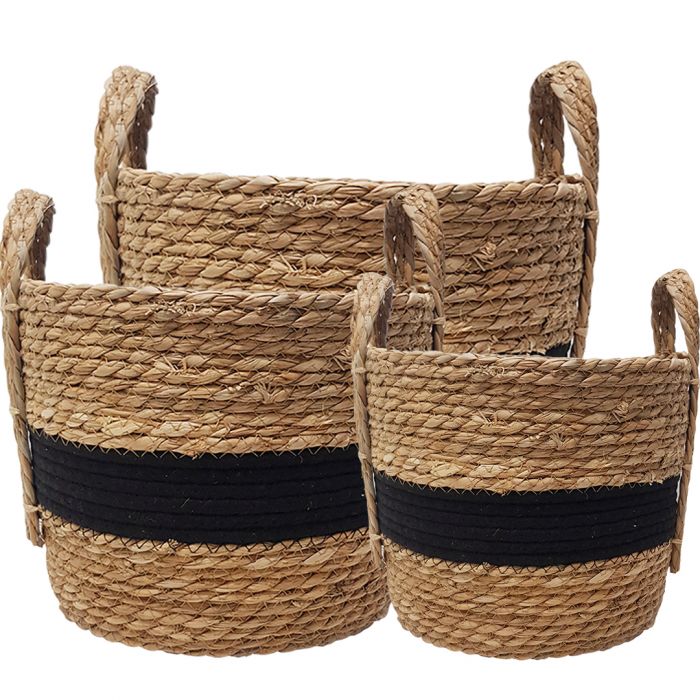 Andrew Striped Storage Hamper with Handles - Black & Natural - Set of 3