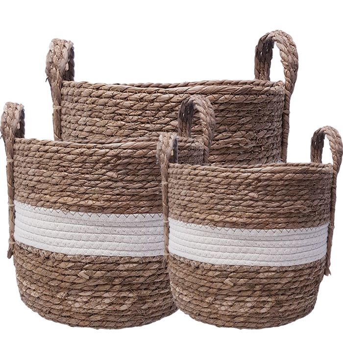 Andrew Striped Storage Hamper with Handles - White & Natural - Set of 3