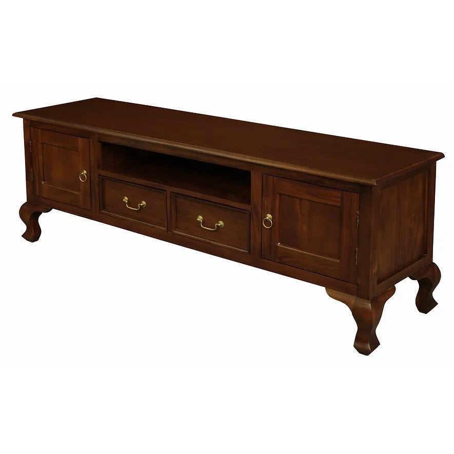 Antique 2 Door 2 Drawer Queen Ann Entertainment Unit - Brown