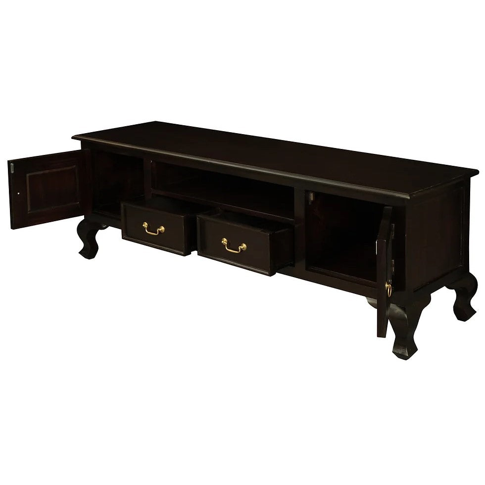 Antique 2 Door 2 Drawer Queen Ann Entertainment Unit - Dark Brown